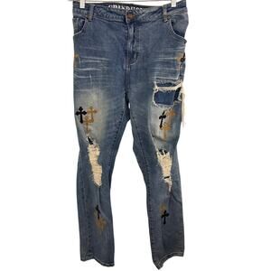 Grindhouse Distressed Jeans. Embroidered Cross patches. Size 42